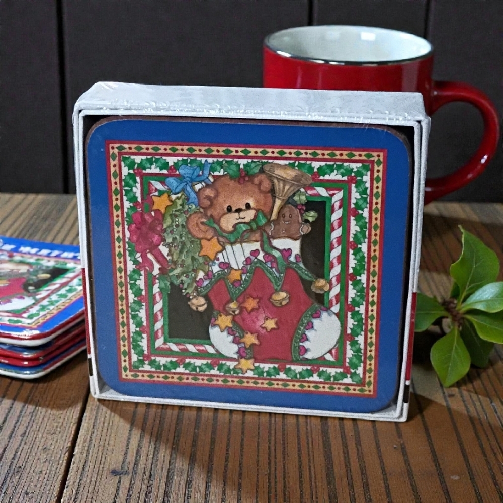 New! 6 Vintage Pimpernel Christmas Stocking Teddy Bear Coasters Made in England